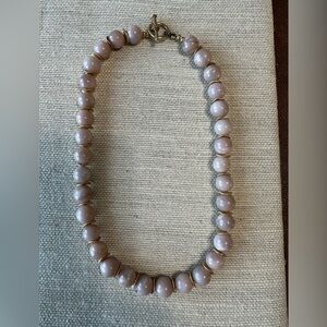 Pink Moonstone & brass disc bead necklace . 18 1/2 inches long.